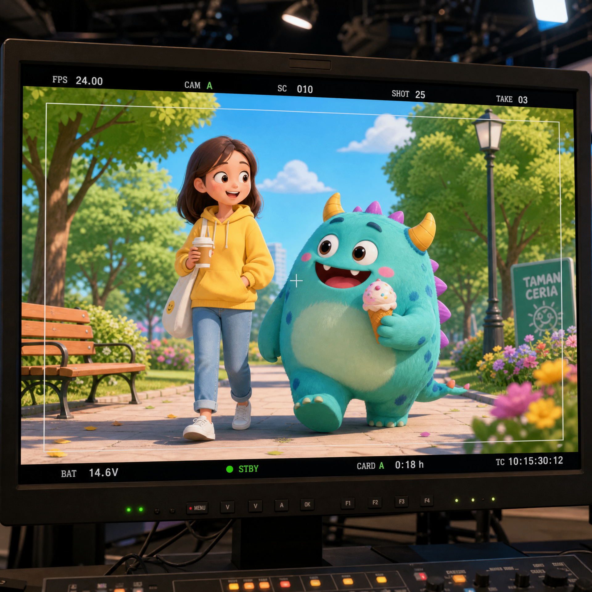 CF AI production monitor showing imaginative 3D character scene