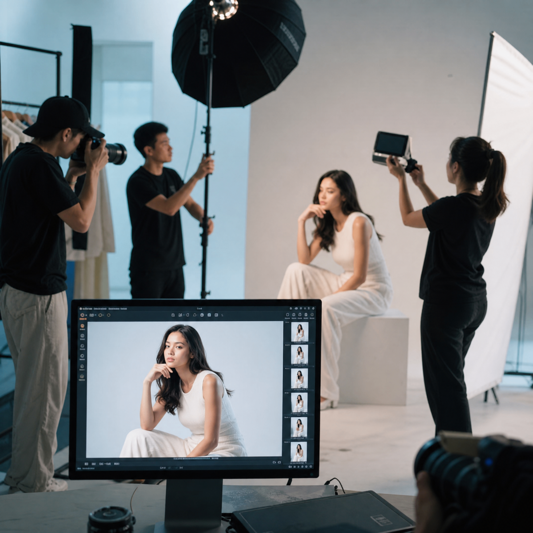 CF key visual photoshoot in studio with model and crew